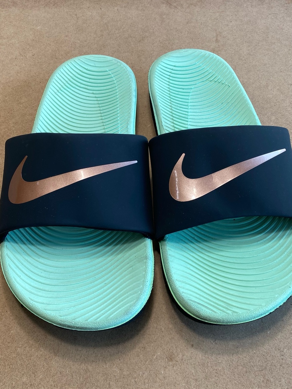 Nike Women's Mint Slide Sandals with Black Strap and Rose Gold Swoosh